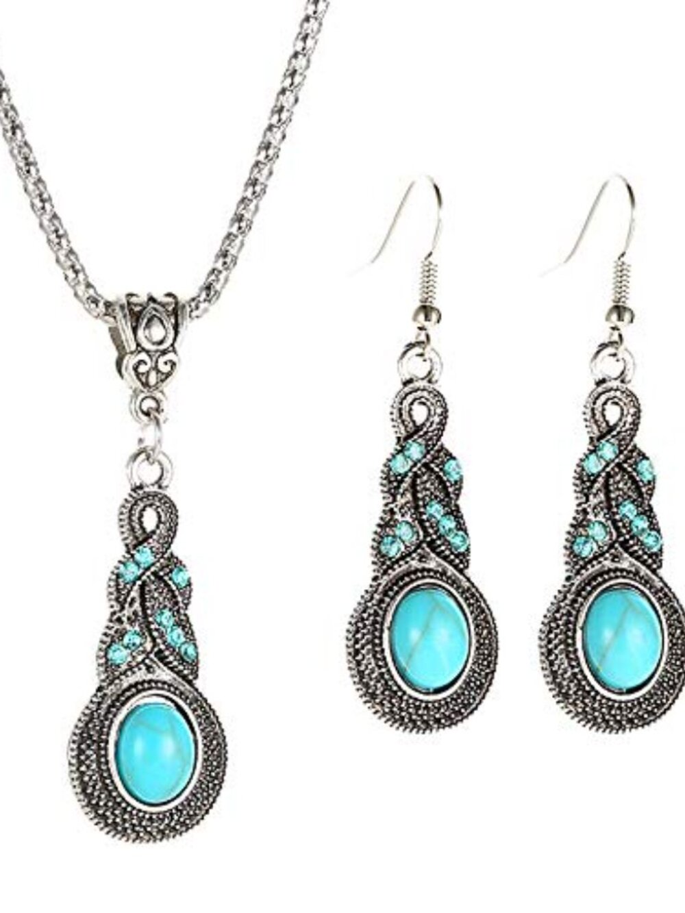 Women Necklace Ear Vintage Turquoise Pendant Chain Collar Ear Studs Party